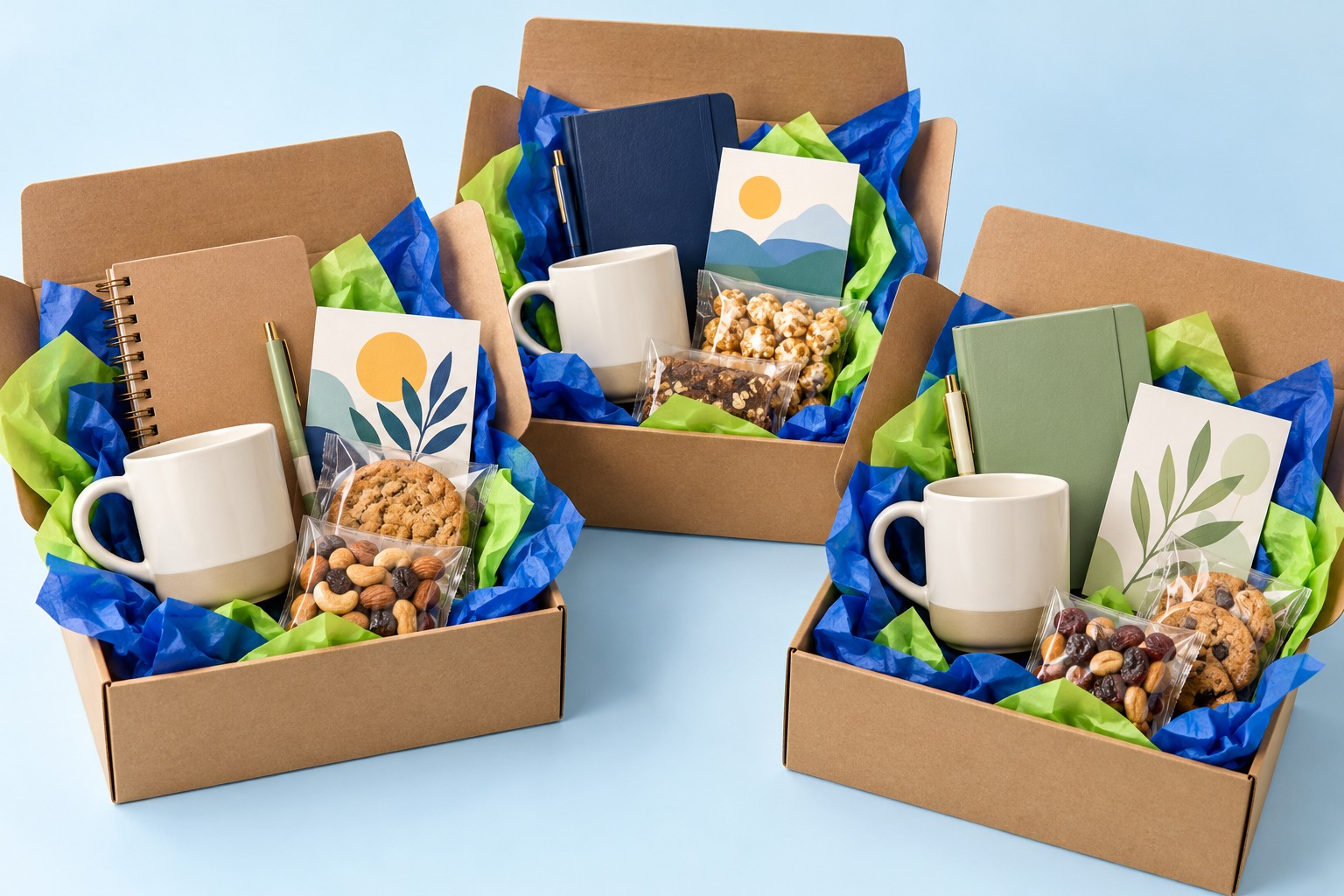 Open employee gift boxes with a mug, notebooks, snacks and colorful tissue paper